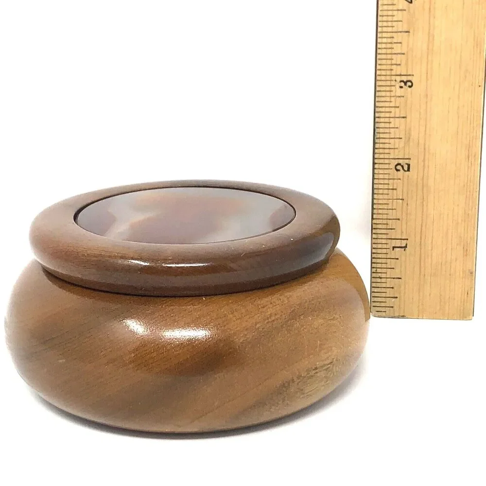 VTG Hand Crafted Wood Trinket Box w/ Agate Stone Inlay Lid Artisan Made Brazil